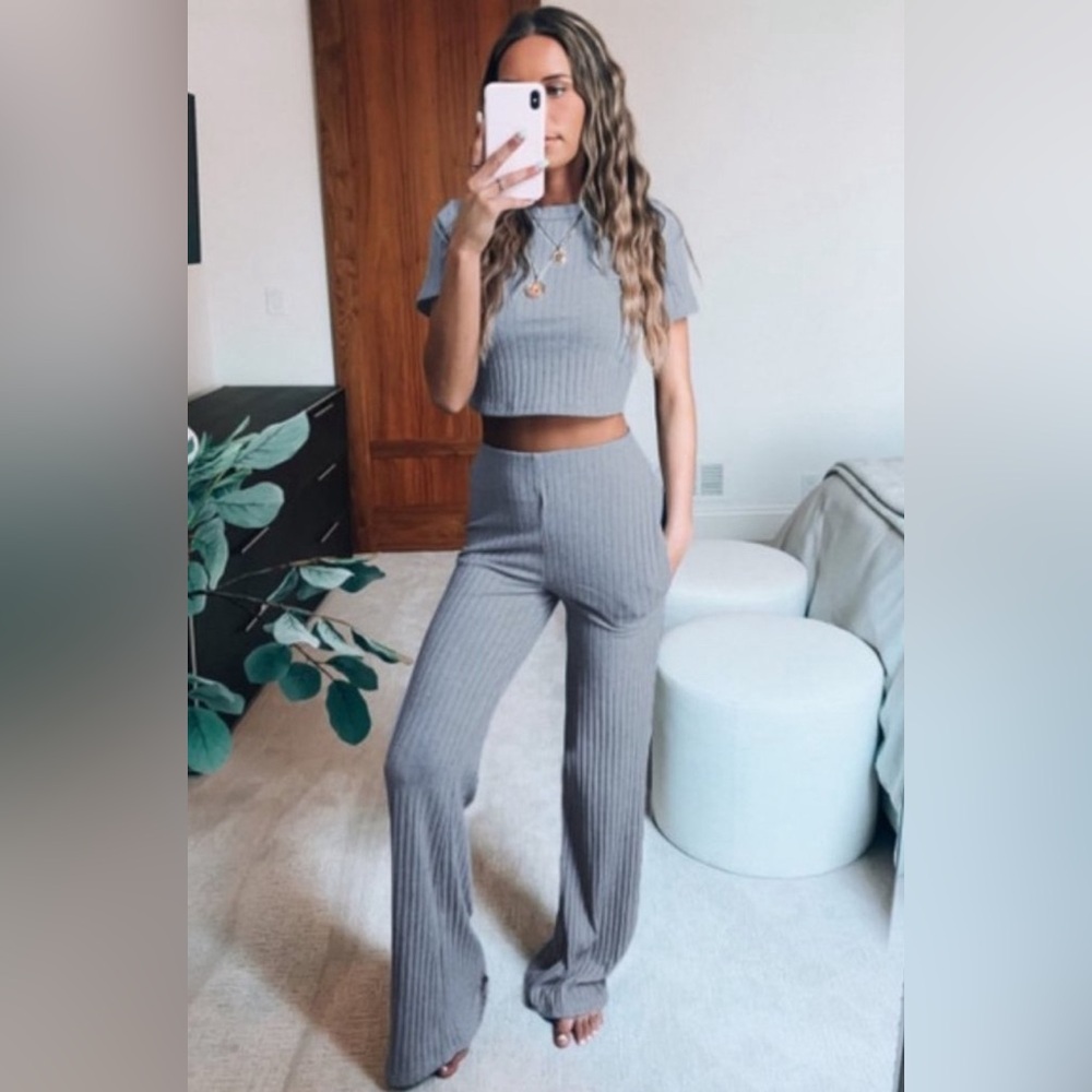 Ribbed Crop Top & Pants Loungewear Set